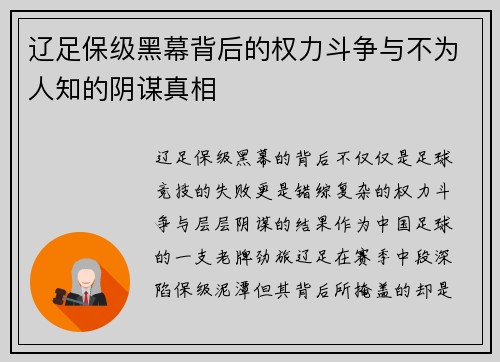 辽足保级黑幕背后的权力斗争与不为人知的阴谋真相