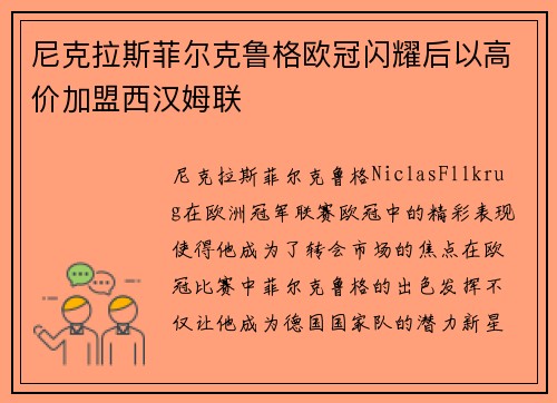 尼克拉斯菲尔克鲁格欧冠闪耀后以高价加盟西汉姆联 尼克拉斯菲尔克鲁格欧冠闪耀后以高价加盟西汉姆联