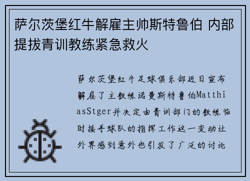 萨尔茨堡红牛解雇主帅斯特鲁伯 内部提拔青训教练紧急救火