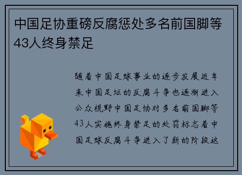 中国足协重磅反腐惩处多名前国脚等43人终身禁足