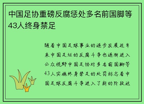 中国足协重磅反腐惩处多名前国脚等43人终身禁足
